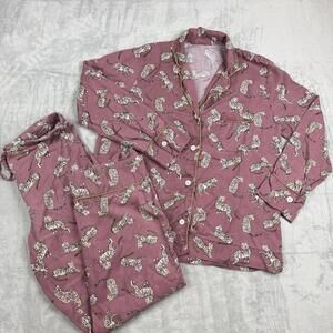 Indigo pink tiger pajama set long sleeve button Top pants 100% Viscose Size M